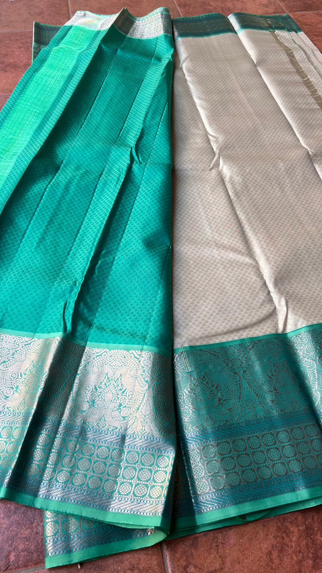 Half white and sea green kanjivaram silk saree with blouse - Threads