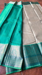 Half white and sea green kanjivaram silk saree with blouse - Threads