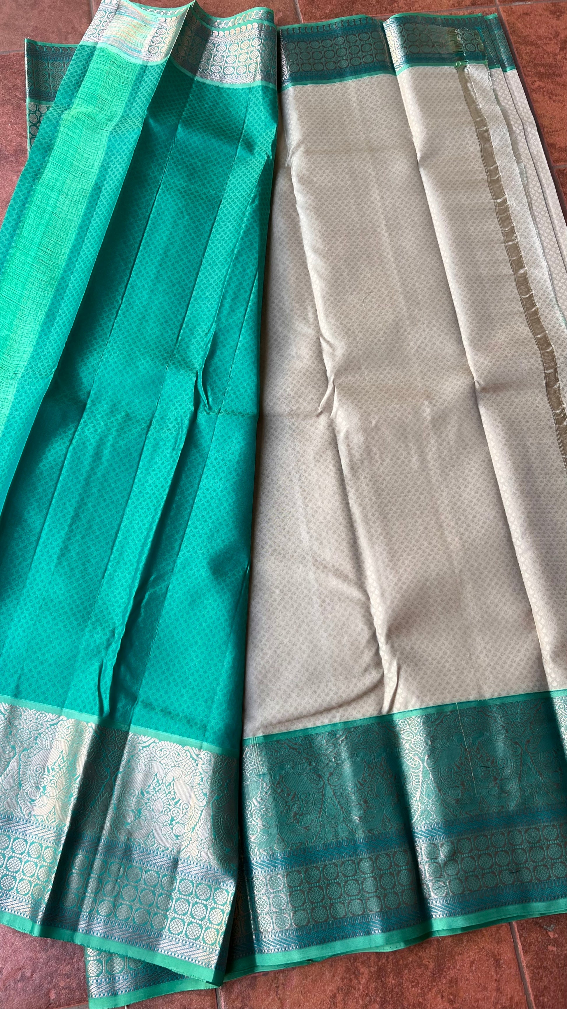 Half white and sea green kanjivaram silk saree with blouse - Threads
