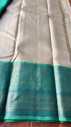 Half white and sea green kanjivaram silk saree with blouse - Threads