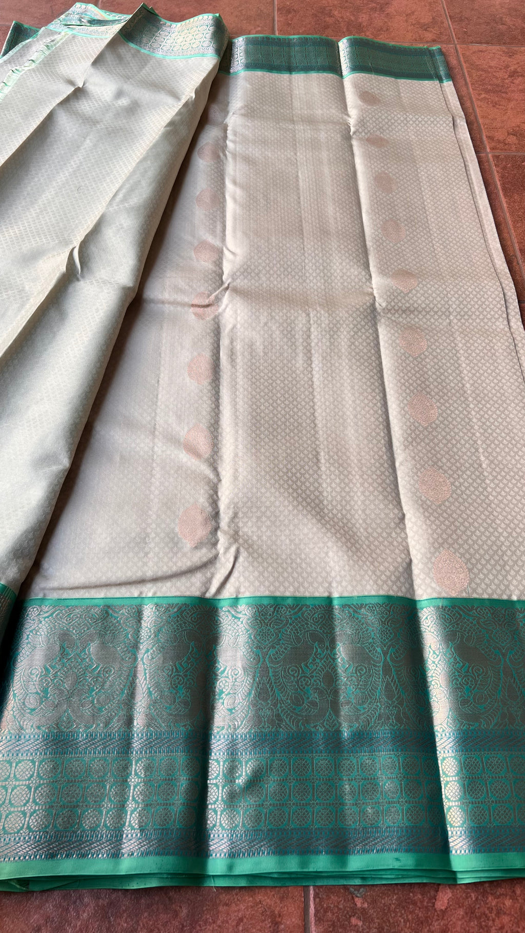 Half white and sea green kanjivaram silk saree with blouse - Threads