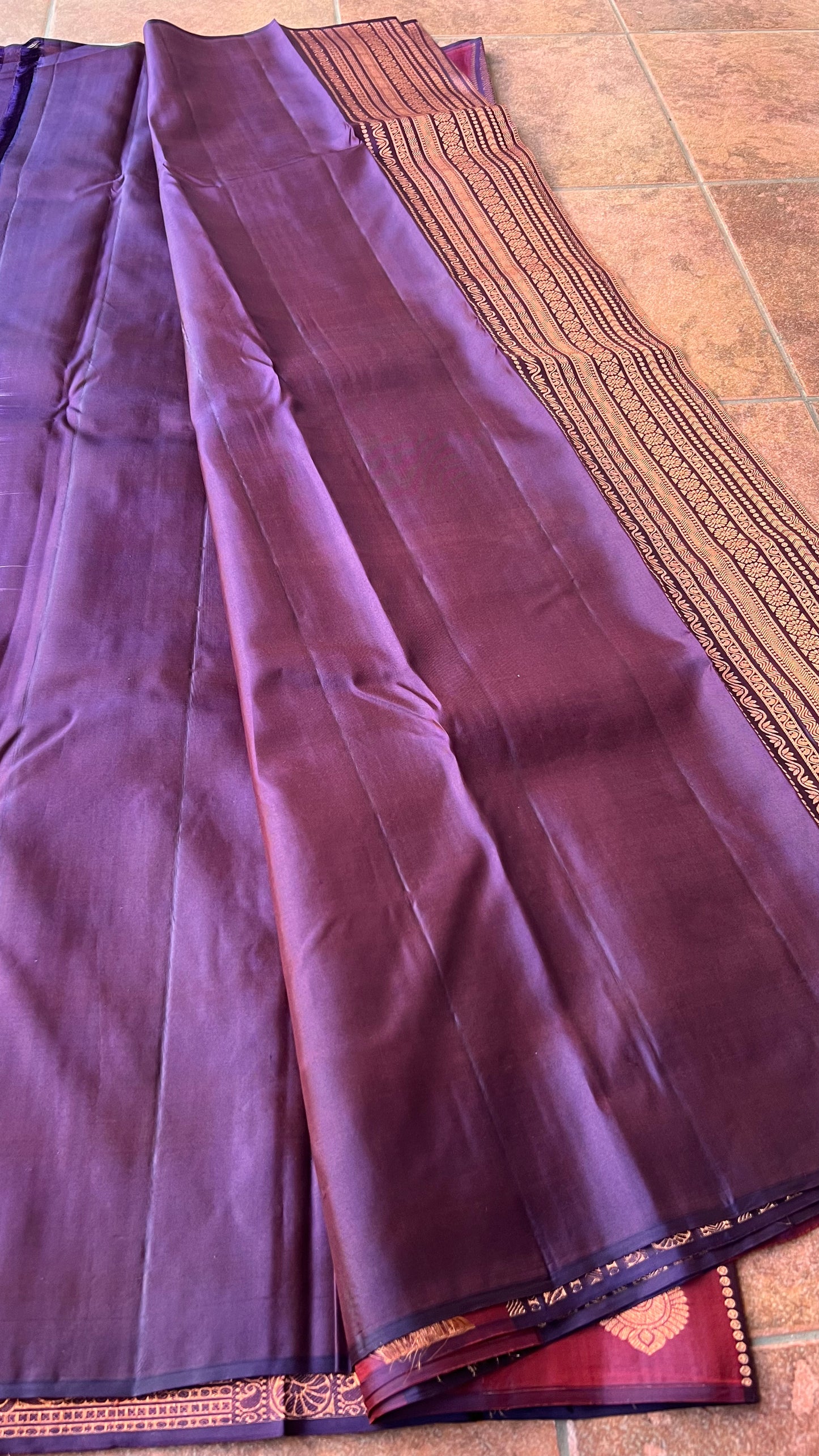Maroon and violet kanjivaram soft silk saree with blouse - Threads