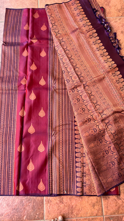 Maroon and violet kanjivaram soft silk saree with blouse - Threads