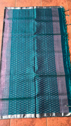 Light grey and green kanjivaram soft silk saree with blouse - Threads