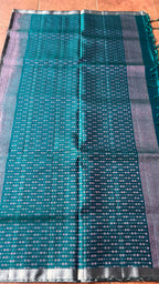 Light grey and green kanjivaram soft silk saree with blouse - Threads