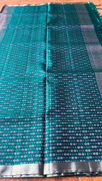 Light grey and green kanjivaram soft silk saree with blouse - Threads