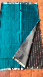 Light grey and green kanjivaram soft silk saree with blouse - Threads
