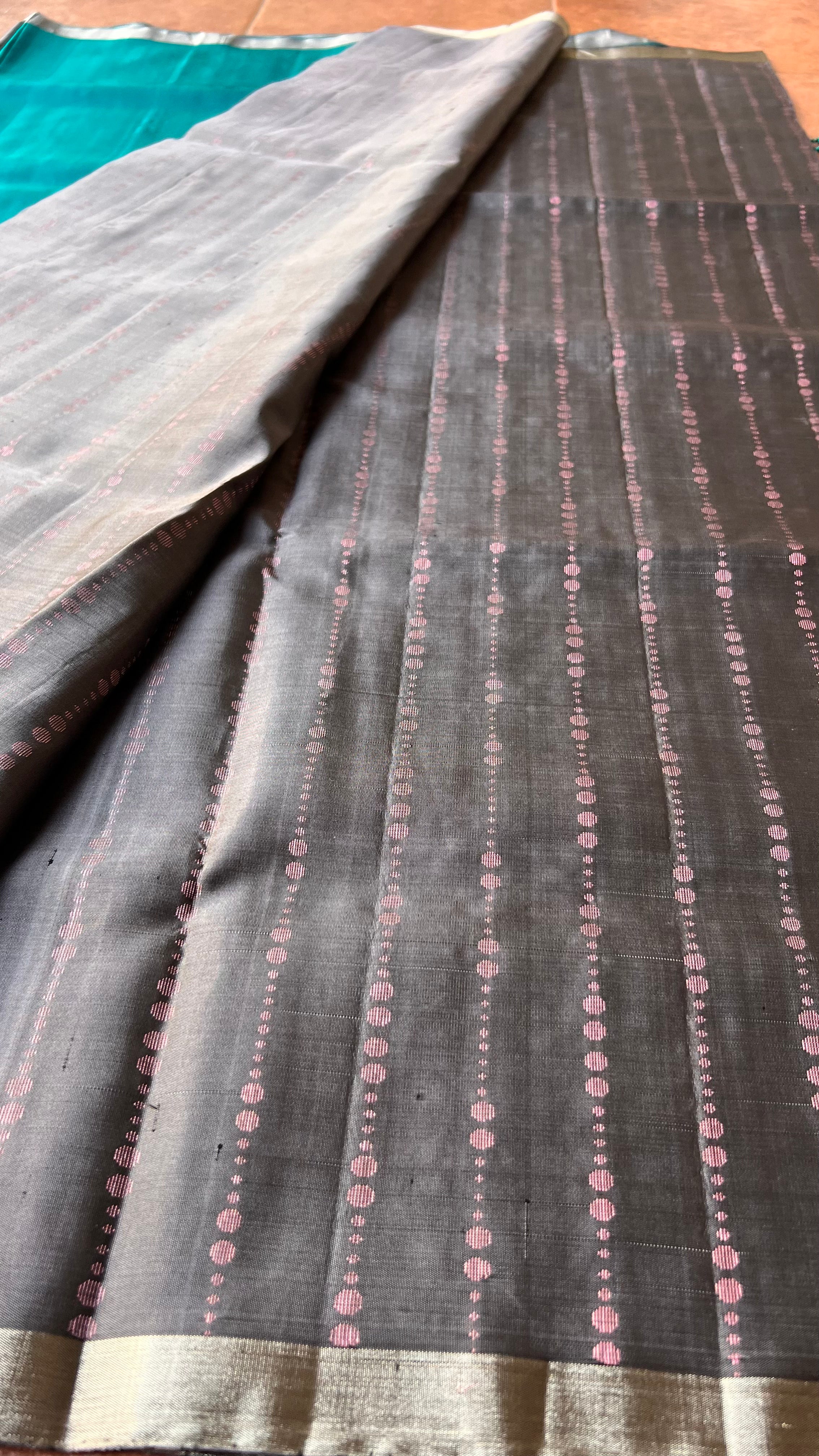 Light grey and green kanjivaram soft silk saree with blouse - Threads