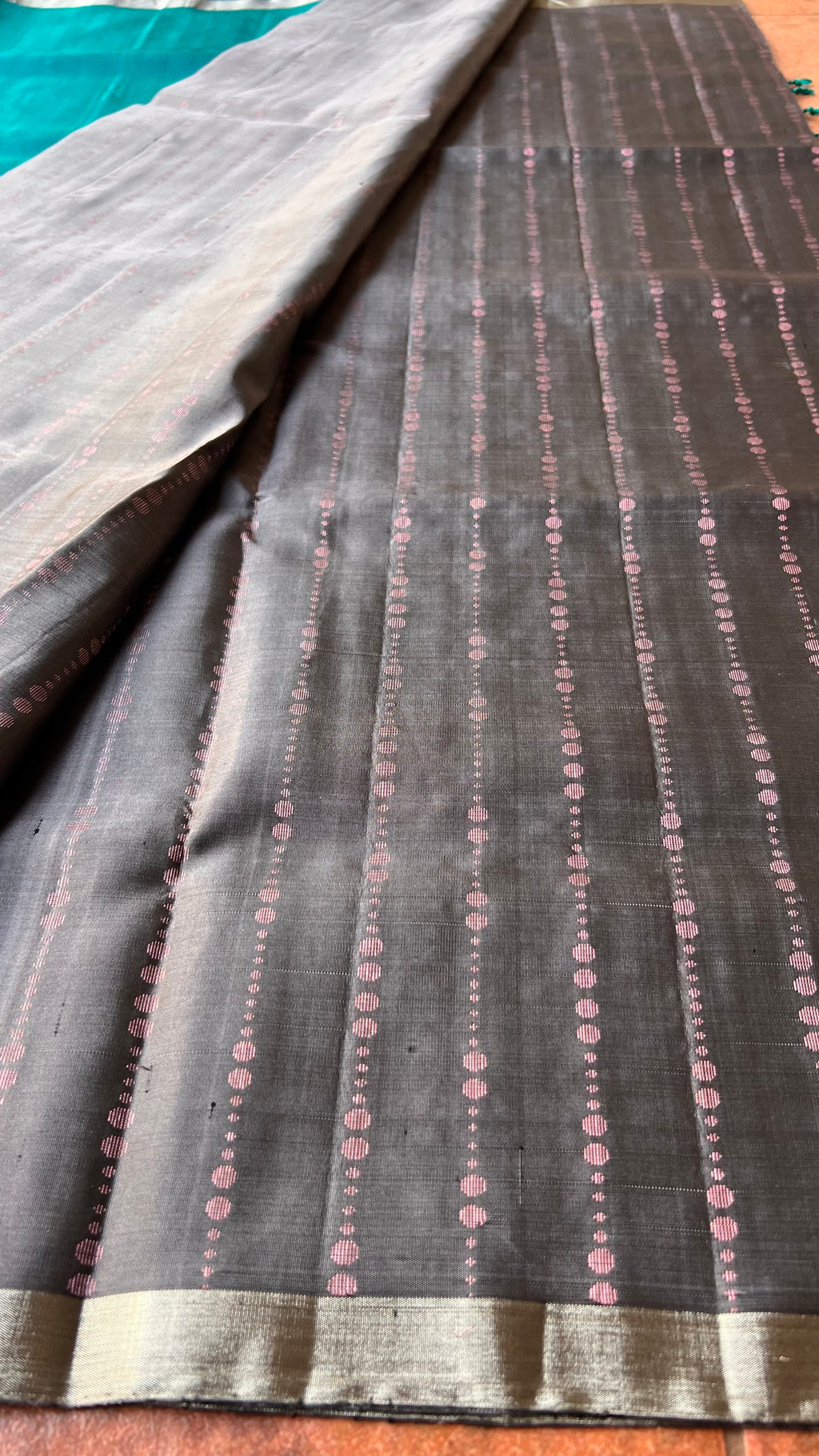 Light grey and green kanjivaram soft silk saree with blouse - Threads