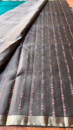 Light grey and green kanjivaram soft silk saree with blouse - Threads