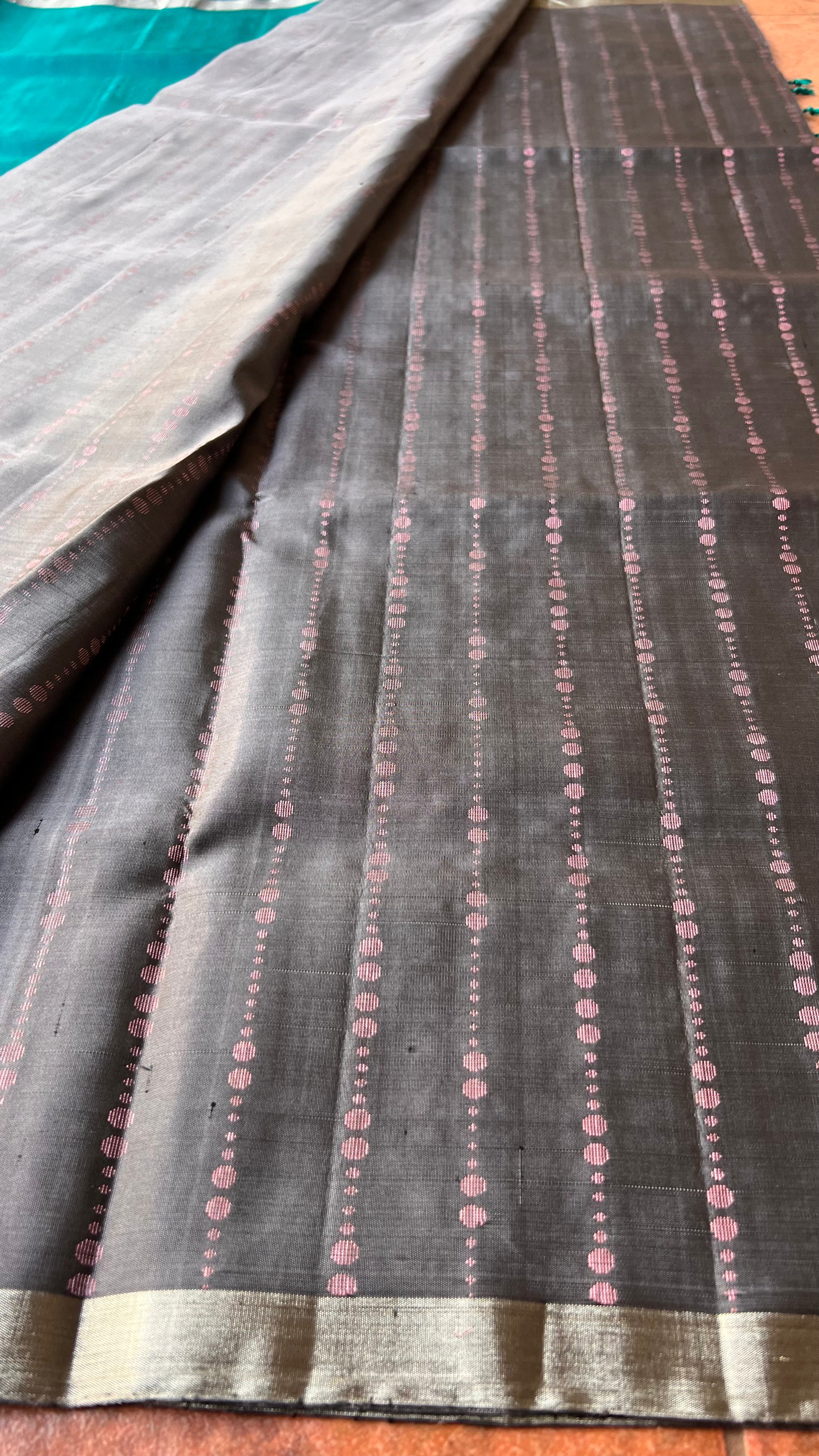 Light grey and green kanjivaram soft silk saree with blouse - Threads