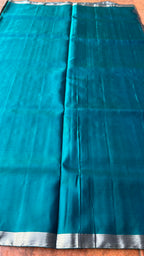 Light grey and green kanjivaram soft silk saree with blouse - Threads