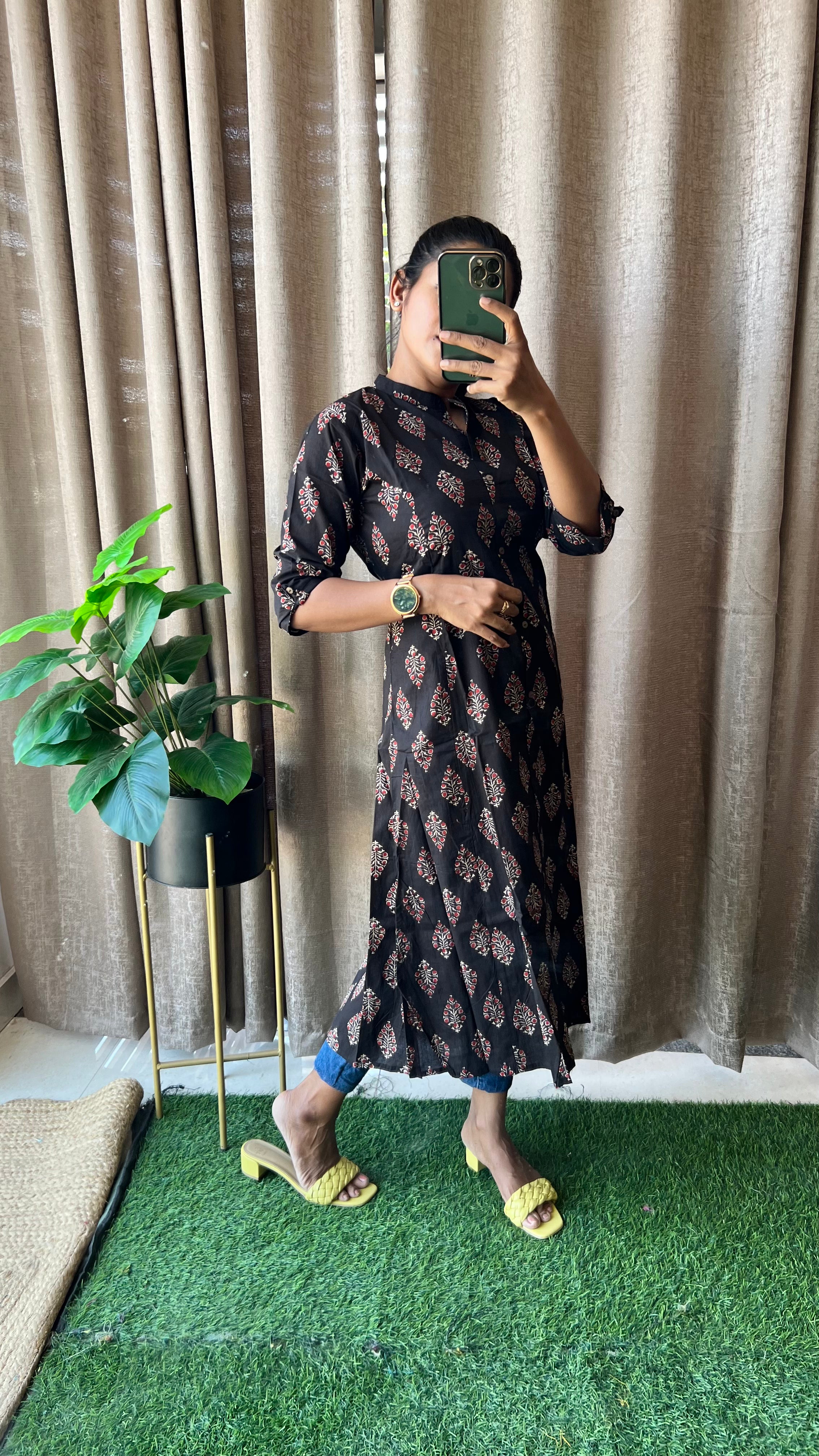 Black floral Cotton printed kurti top