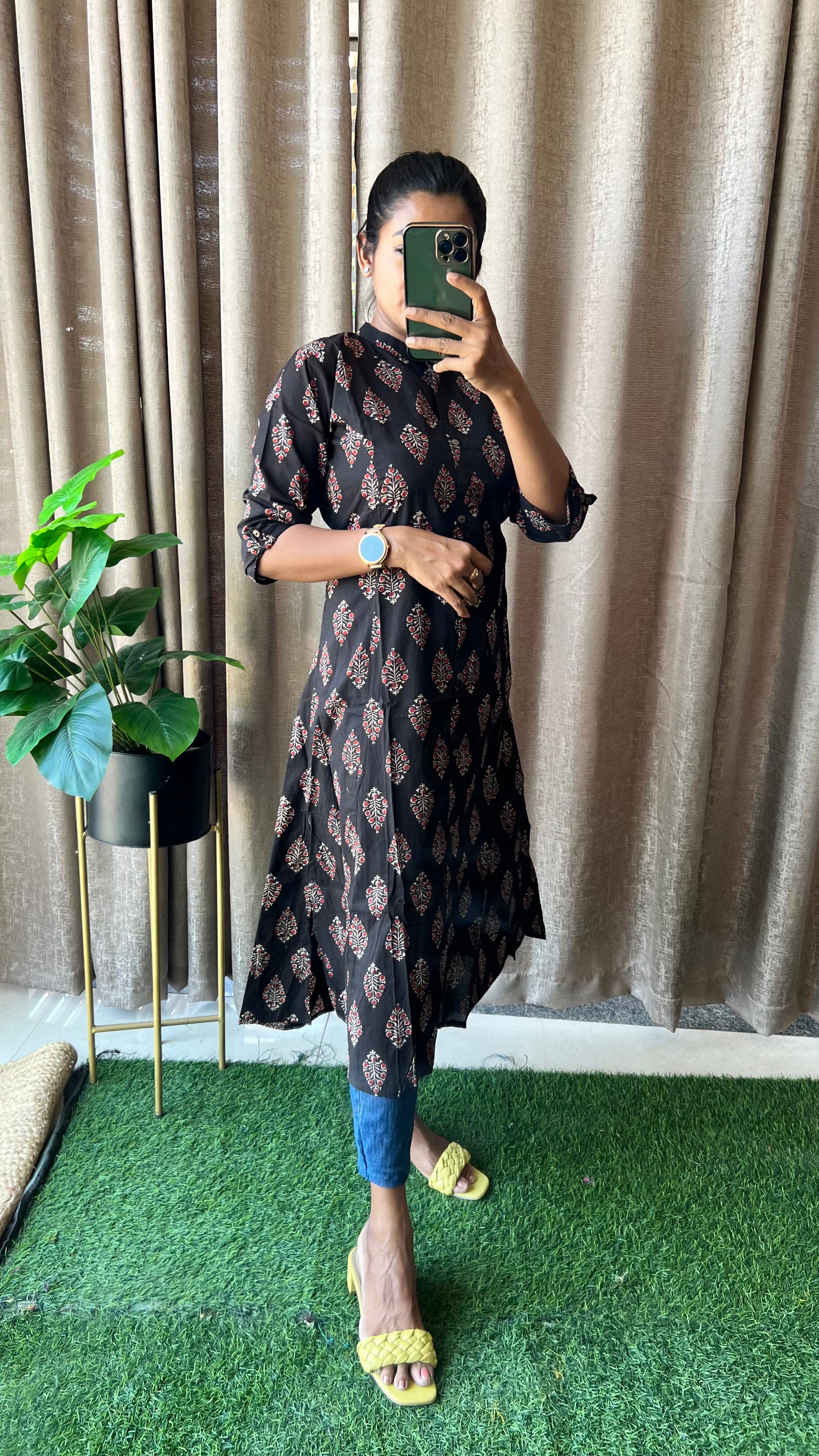 Black floral Cotton printed kurti top