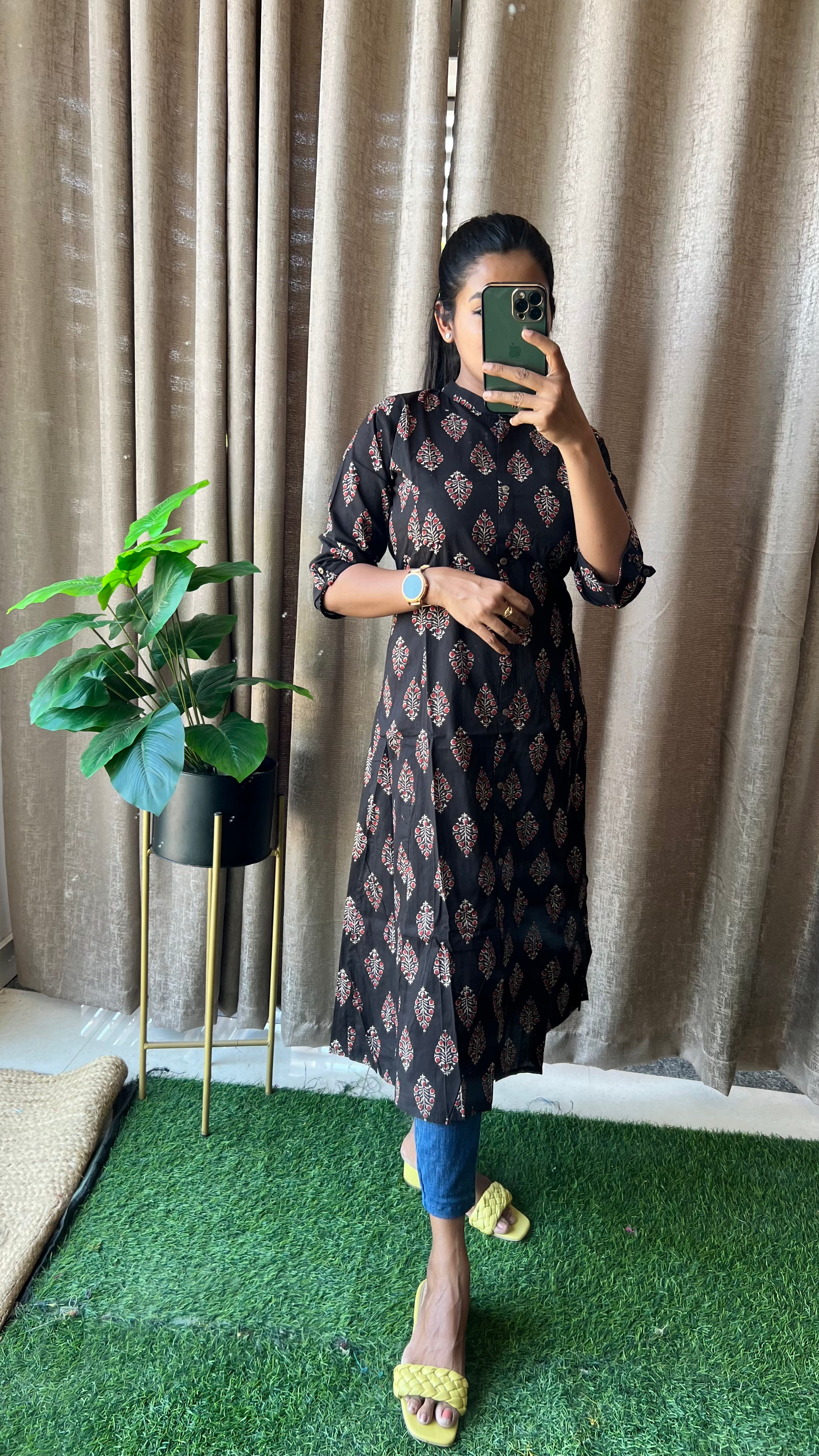 Black floral Cotton printed kurti top