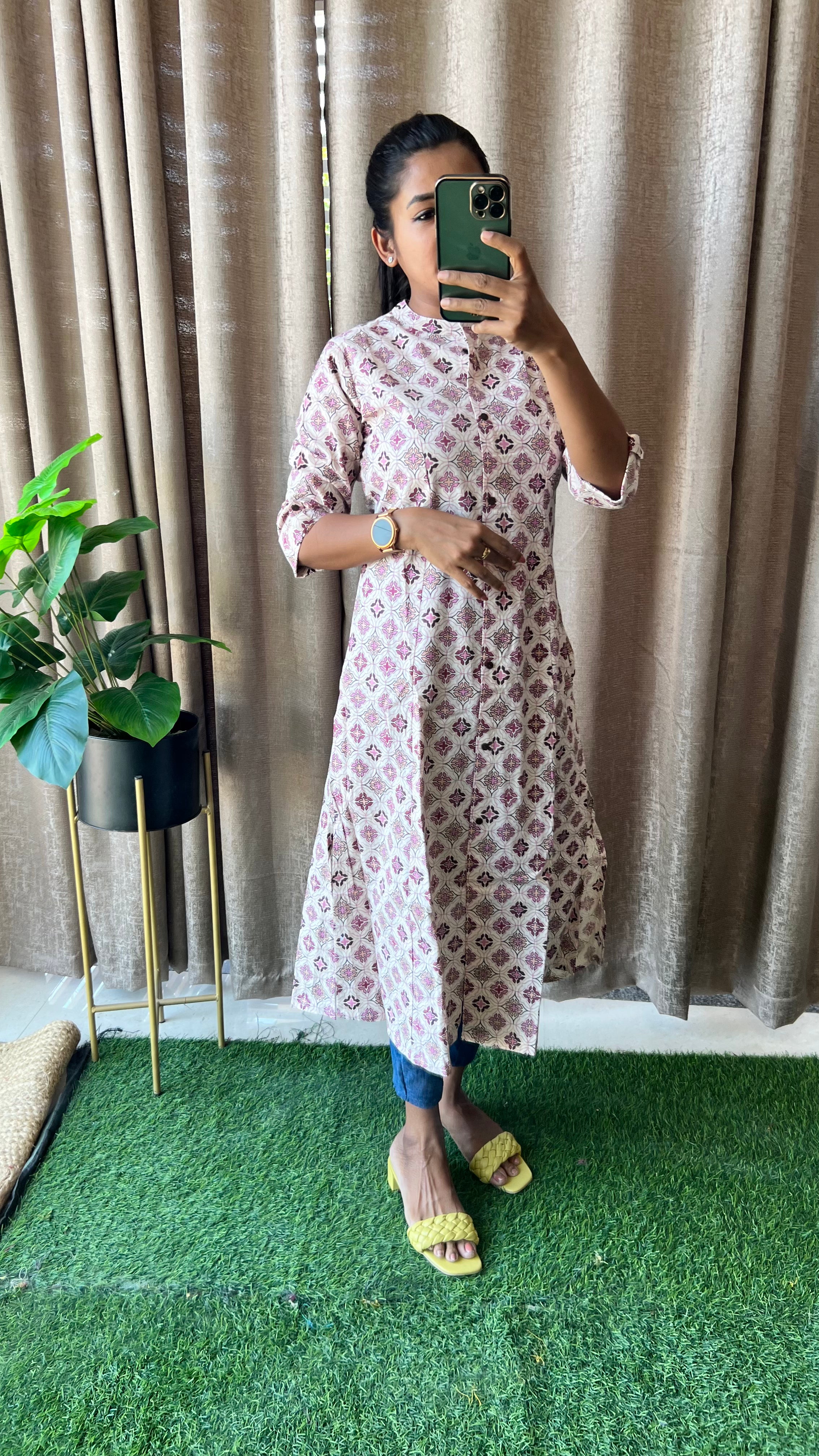 Cream floral Cotton printed kurti top