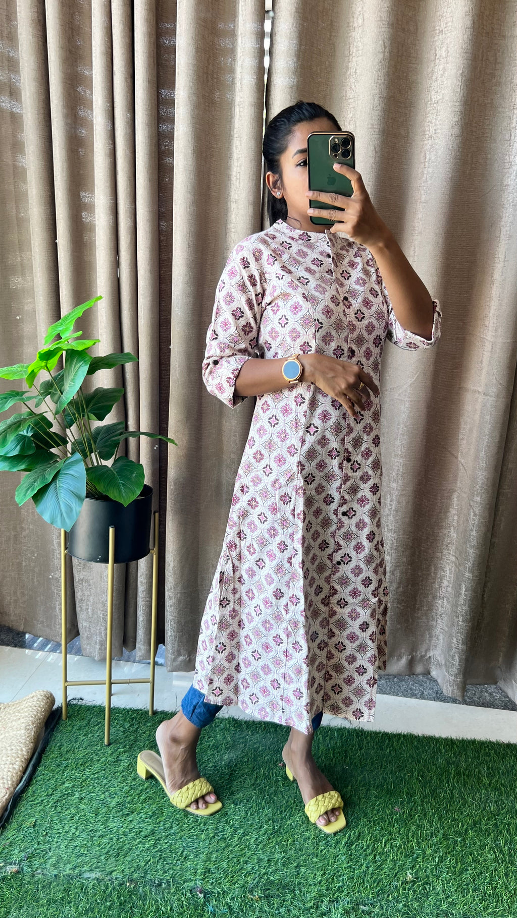 Cream floral Cotton printed kurti top