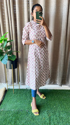 Cream floral Cotton printed kurti top