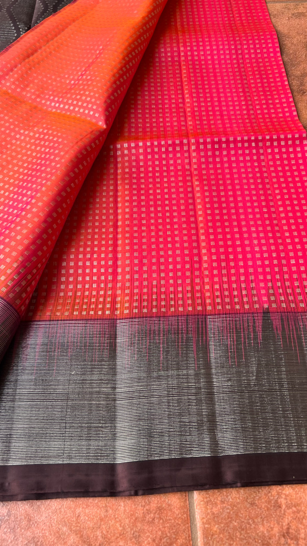 Valcano orange kanjivaram silk saree with blouse - Threads