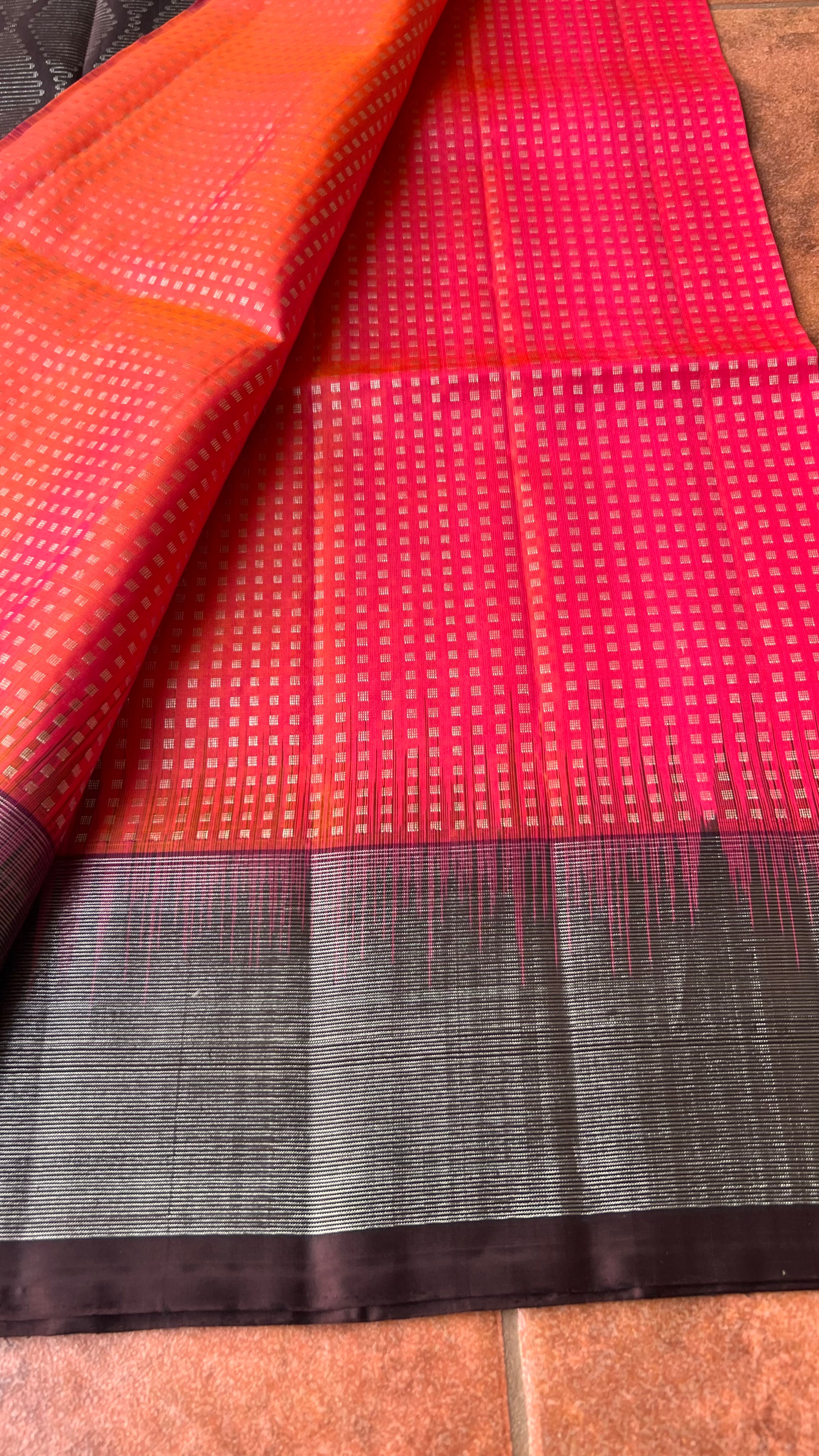 Valcano orange kanjivaram silk saree with blouse - Threads