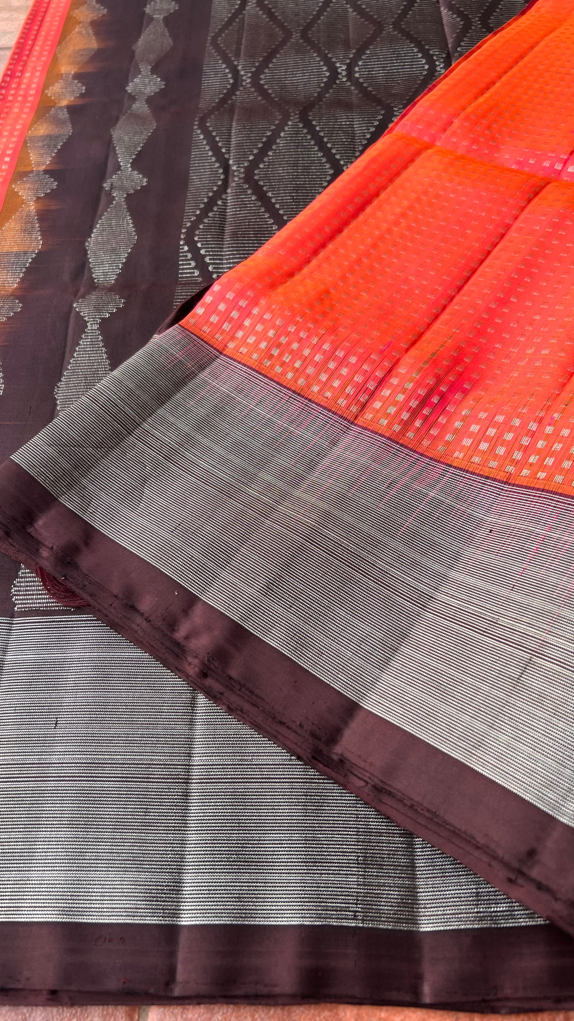 Valcano orange kanjivaram silk saree with blouse - Threads