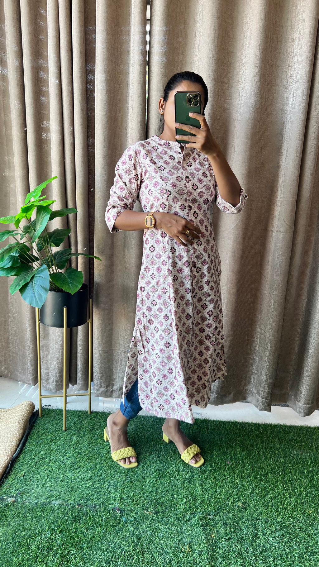 Cream floral Cotton printed kurti top