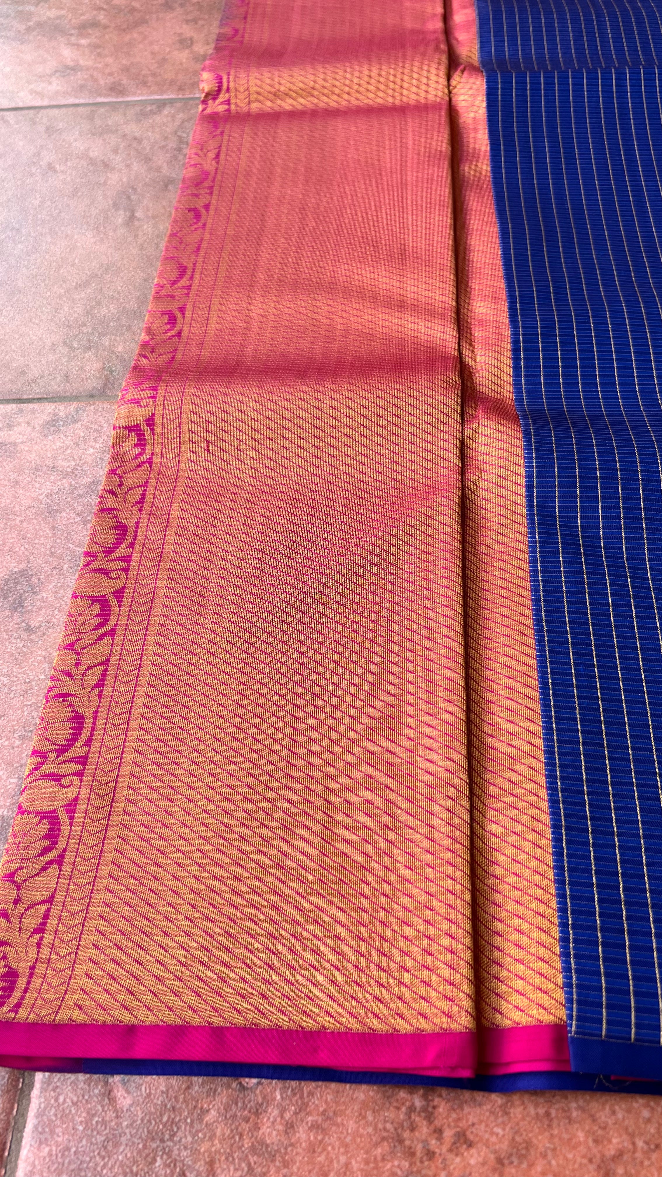 Blue checked kanjivaram silk saree with blouse - Threads