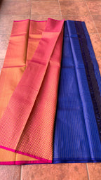Blue checked kanjivaram silk saree with blouse - Threads