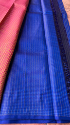 Blue checked kanjivaram silk saree with blouse - Threads