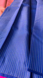 Blue checked kanjivaram silk saree with blouse - Threads