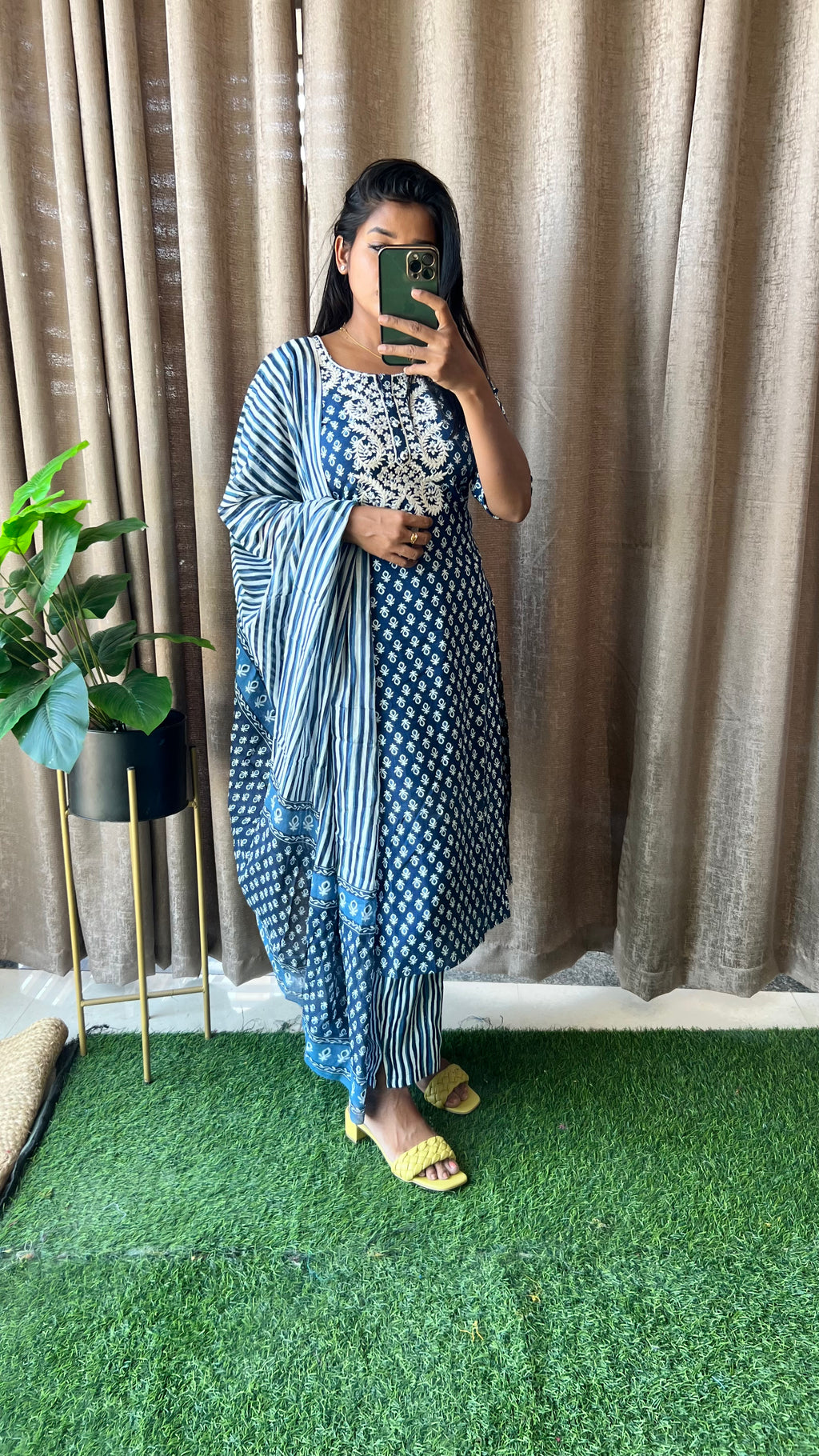 Blue cotton embroidered worked 3 piece kurti dress