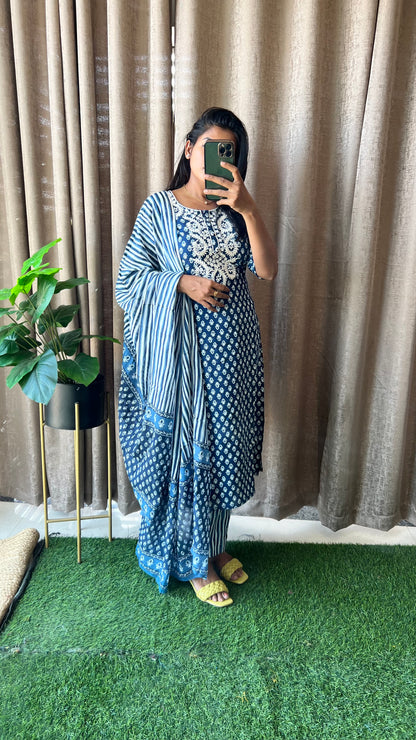 Blue cotton embroidered worked 3 piece kurti dress