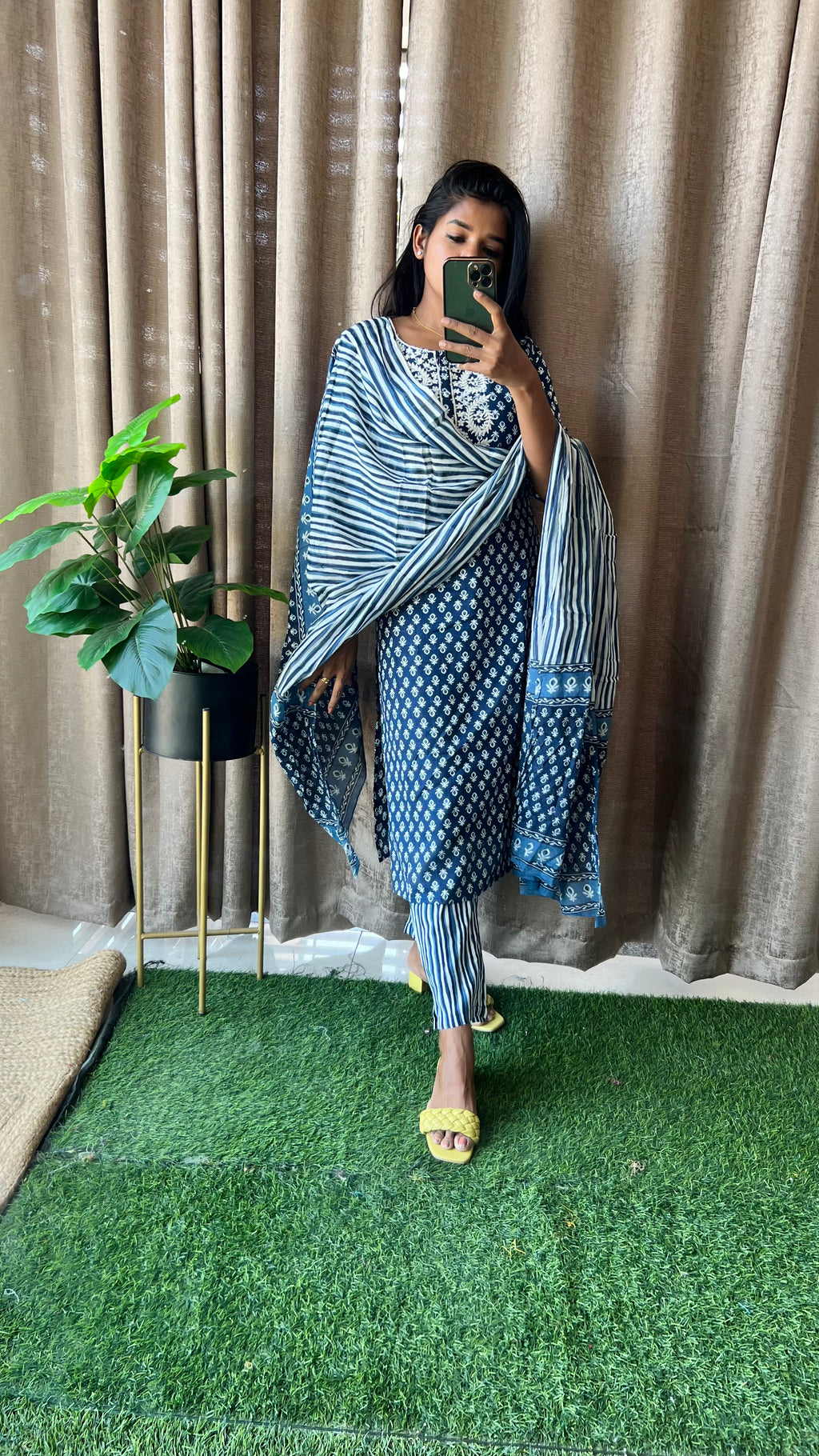 Blue cotton embroidered worked 3 piece kurti dress