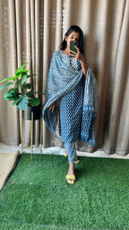 Blue cotton embroidered worked 3 piece kurti dress