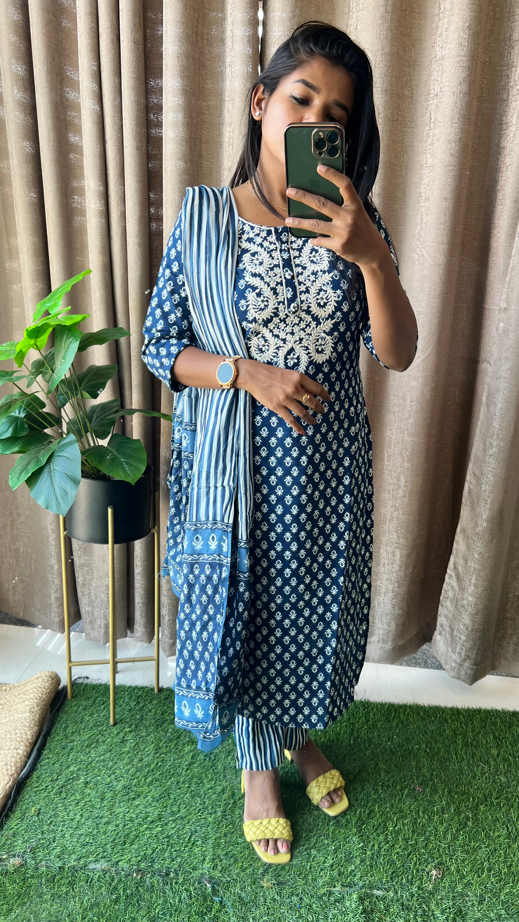 Blue cotton embroidered worked 3 piece kurti dress