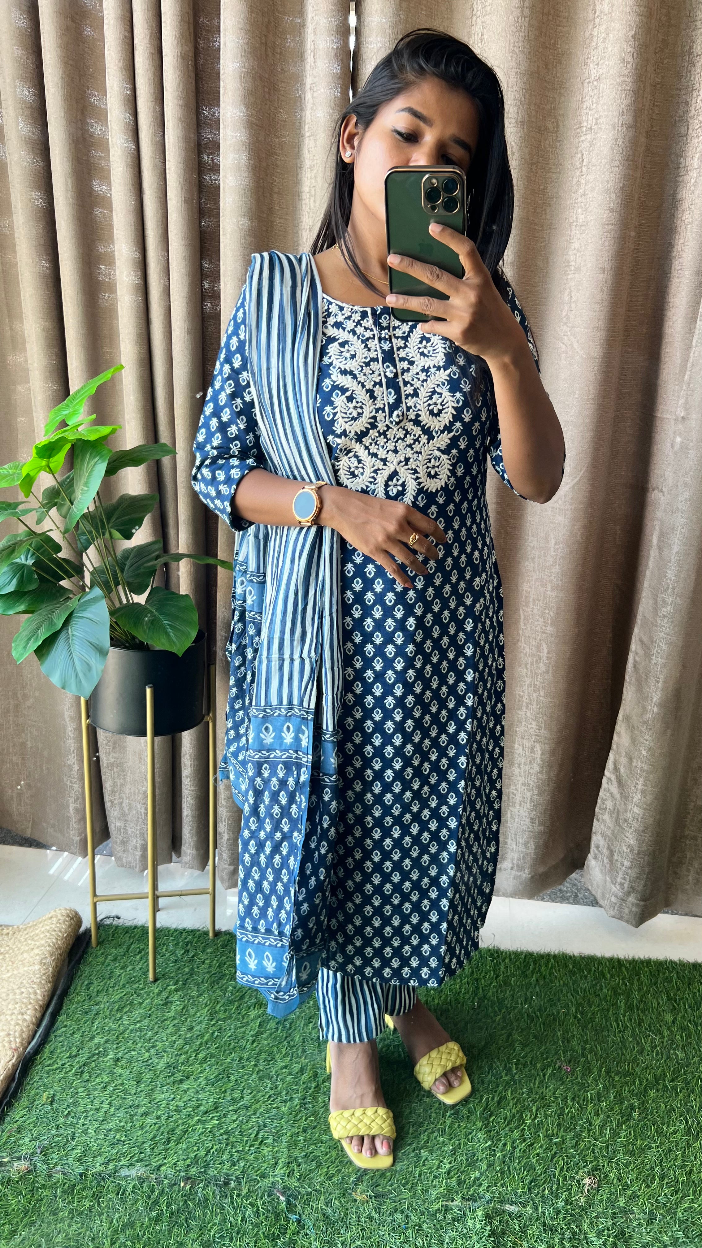 Blue cotton embroidered worked 3 piece kurti dress