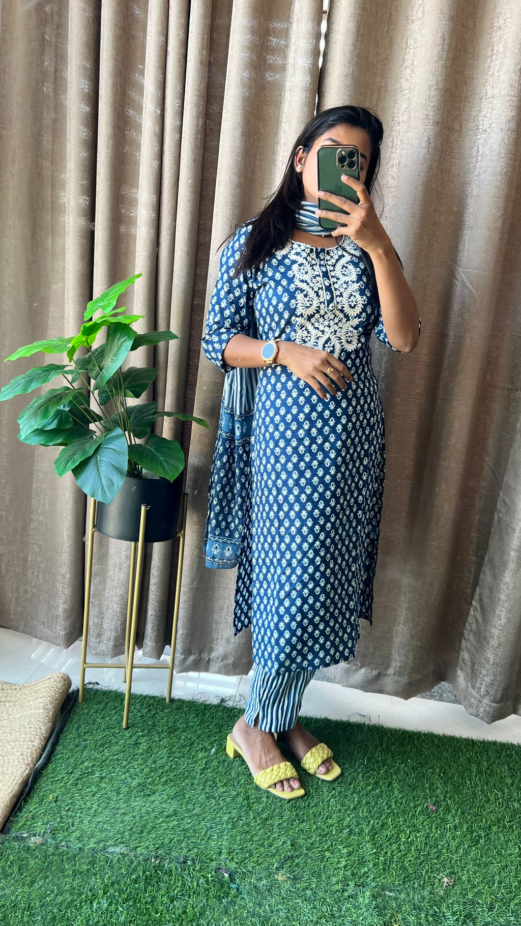 Blue cotton embroidered worked 3 piece kurti dress