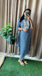 Blue cotton embroidered worked 3 piece kurti dress