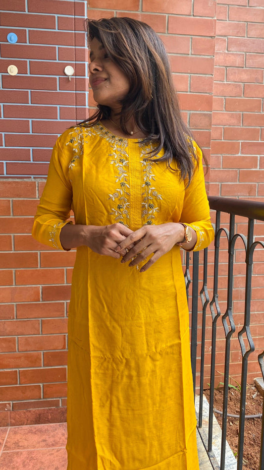 Yellow silk embroidery hand worked kurti top - Threads