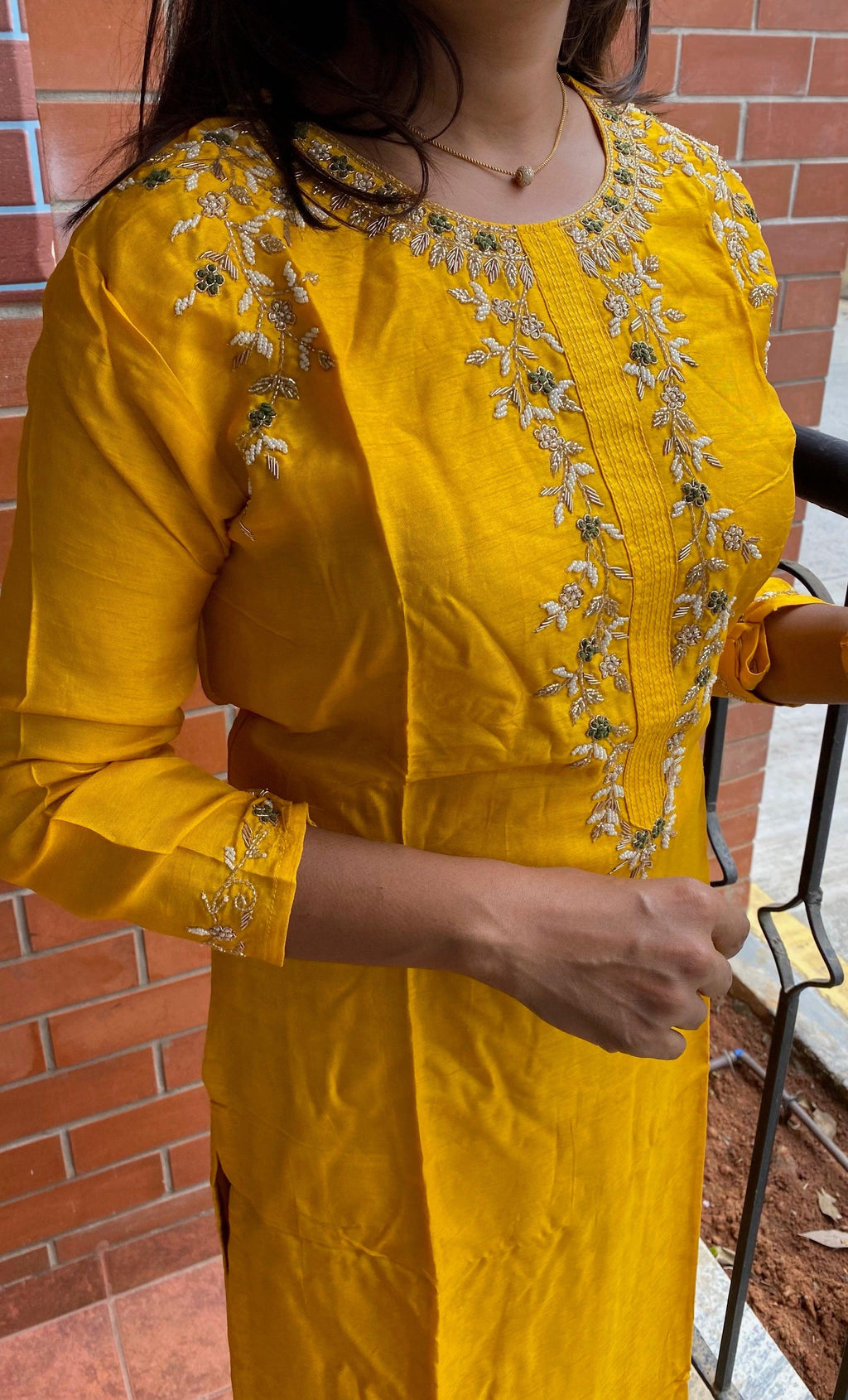 Yellow silk embroidery hand worked kurti top - Threads