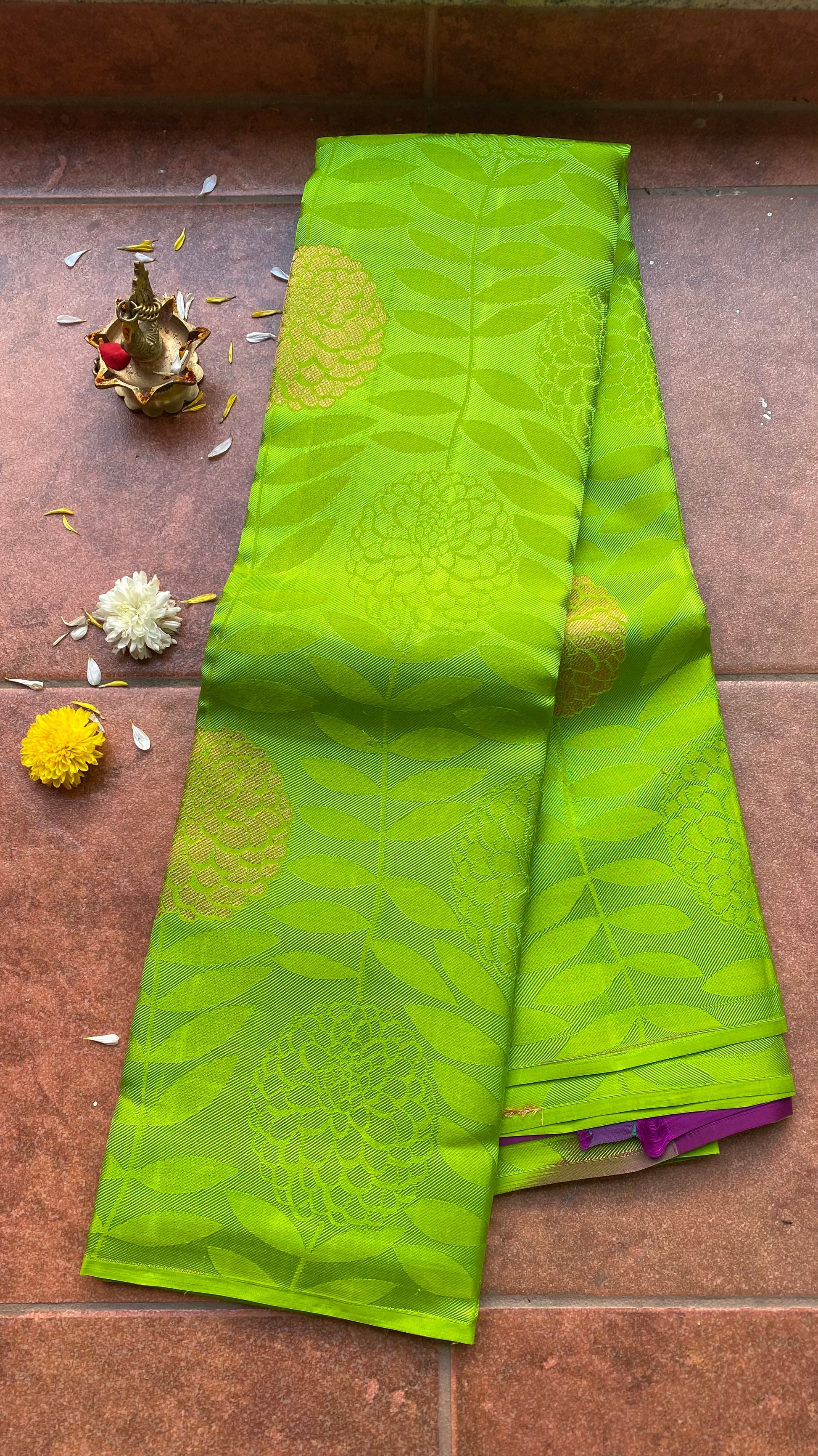 Green and purple kanjivaram silk saree with blouse - Threads