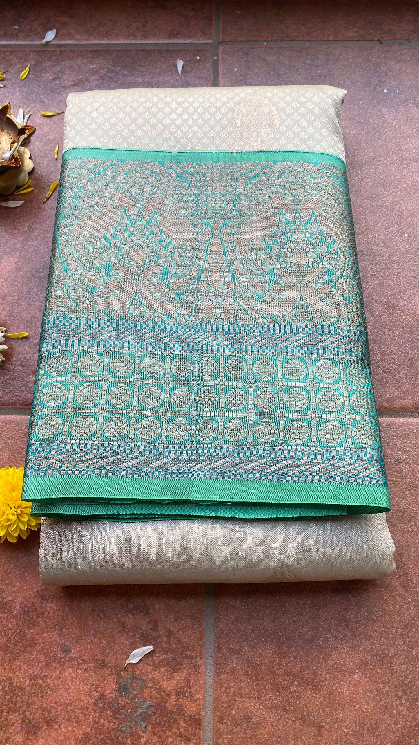 Half white and sea green kanjivaram silk saree with blouse - Threads