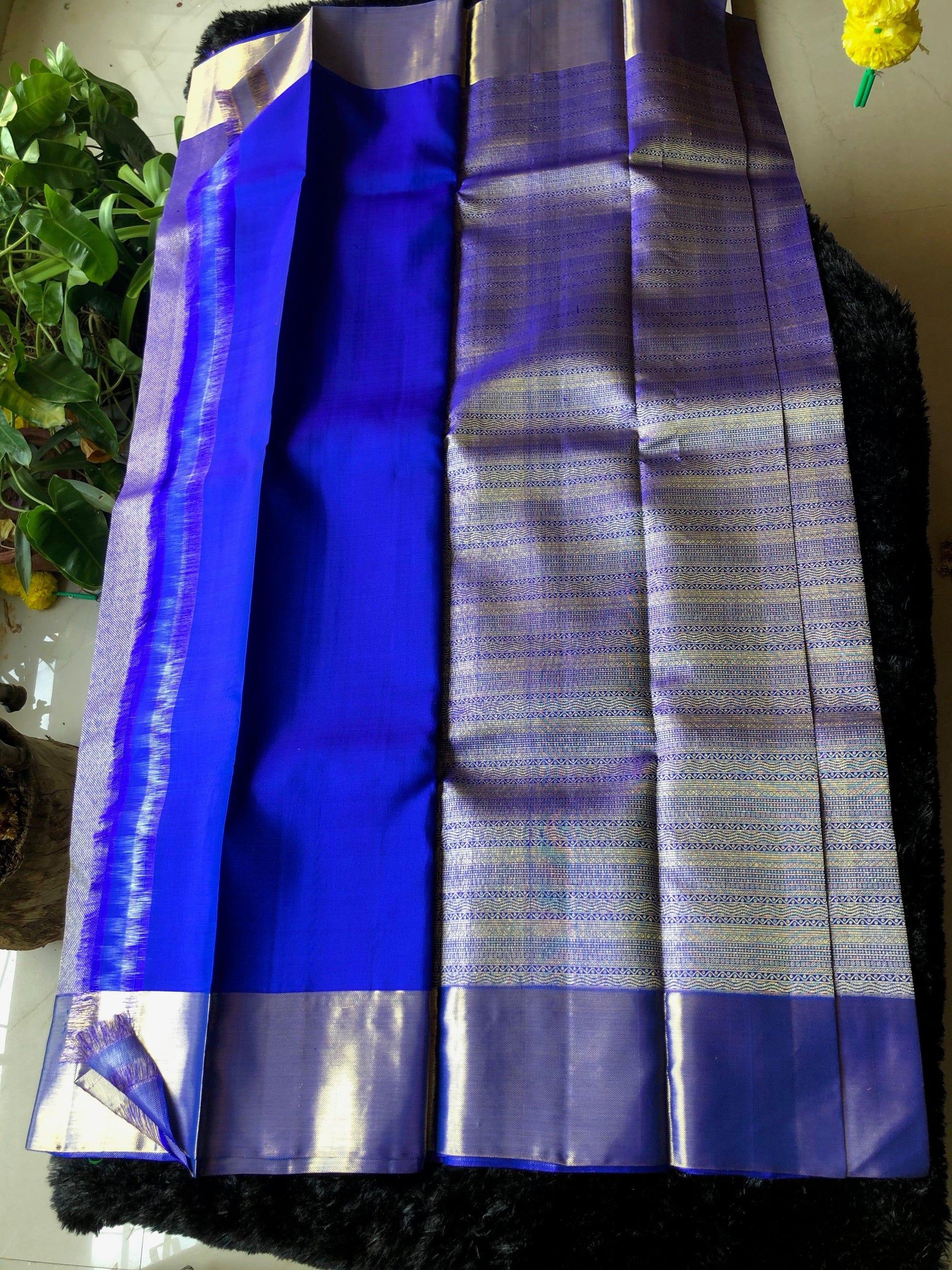 Bridal deep blue silver zari kanjivaram silk saree - Threads