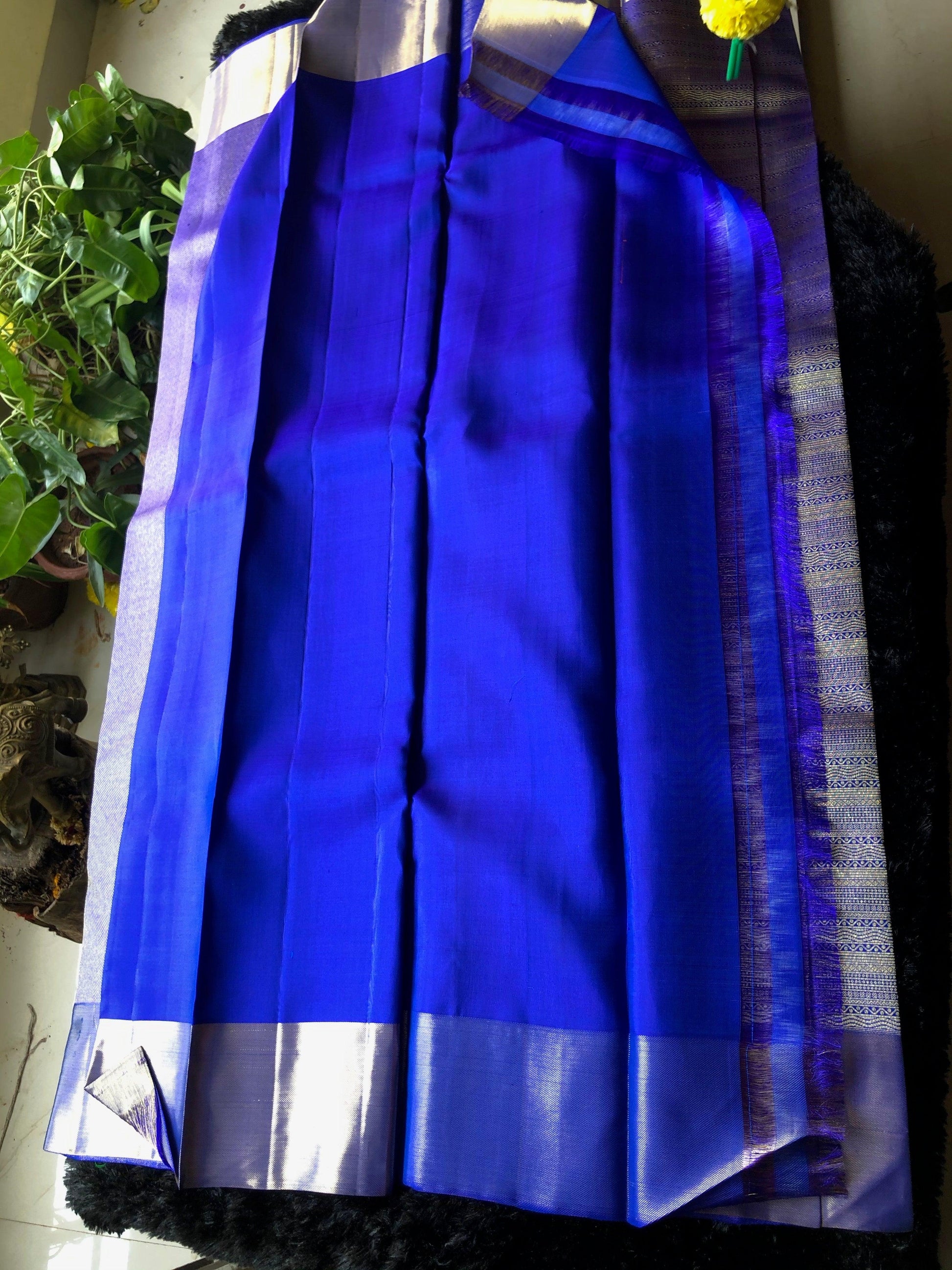 Bridal deep blue silver zari kanjivaram silk saree - Threads