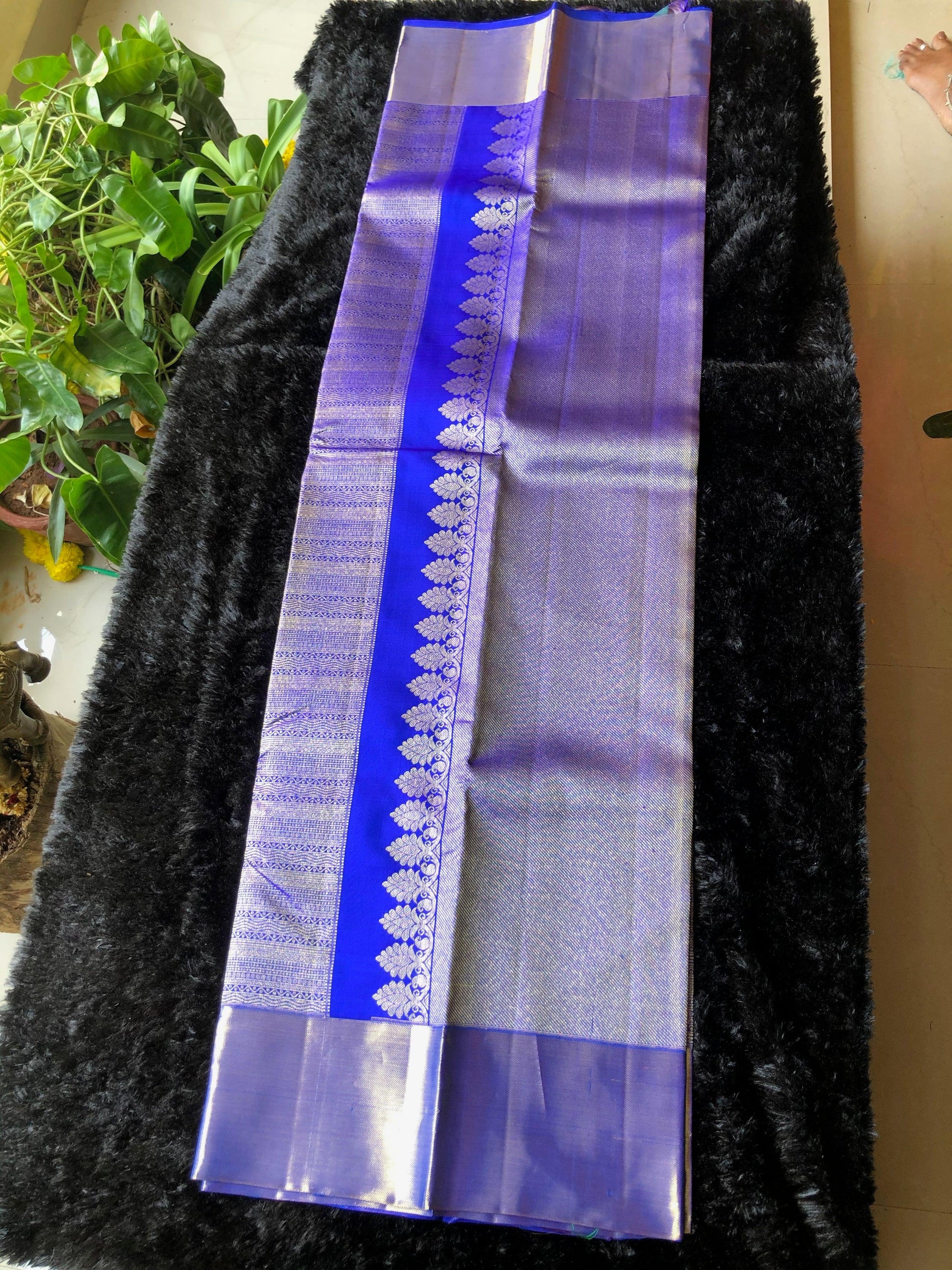 Bridal deep blue silver zari kanjivaram silk saree - Threads