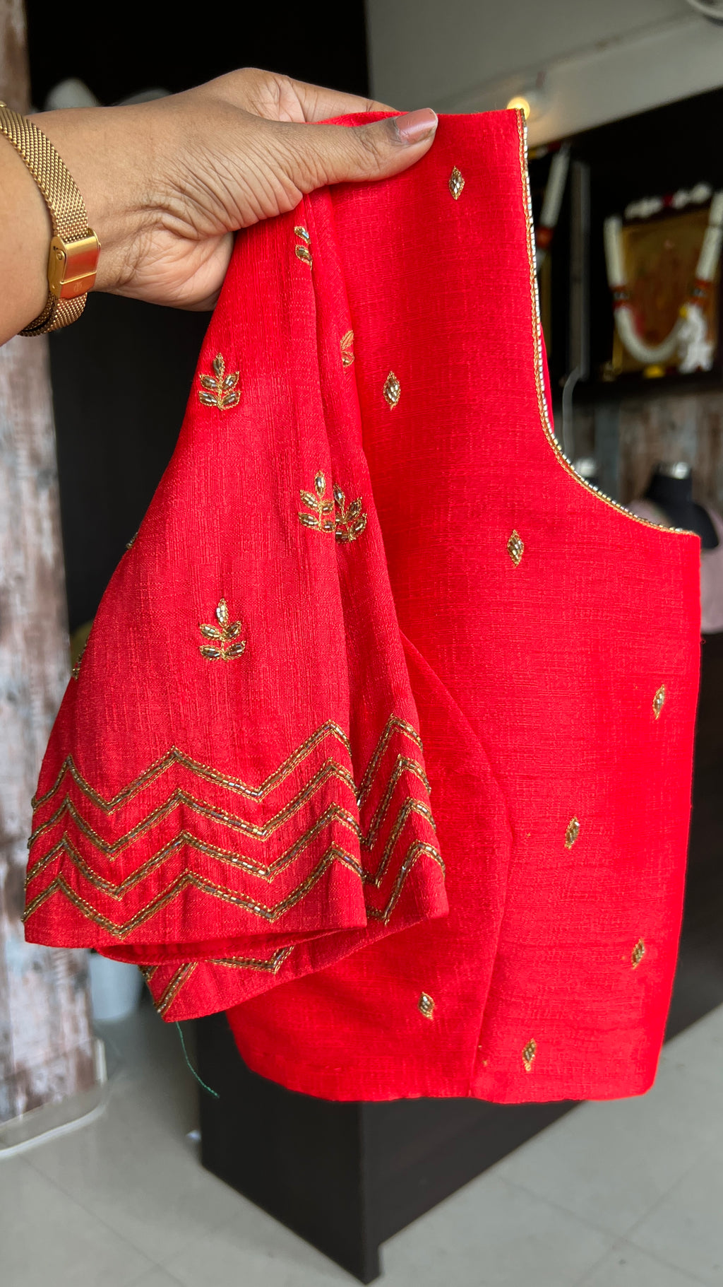 Red silk hand work embroidery blouse