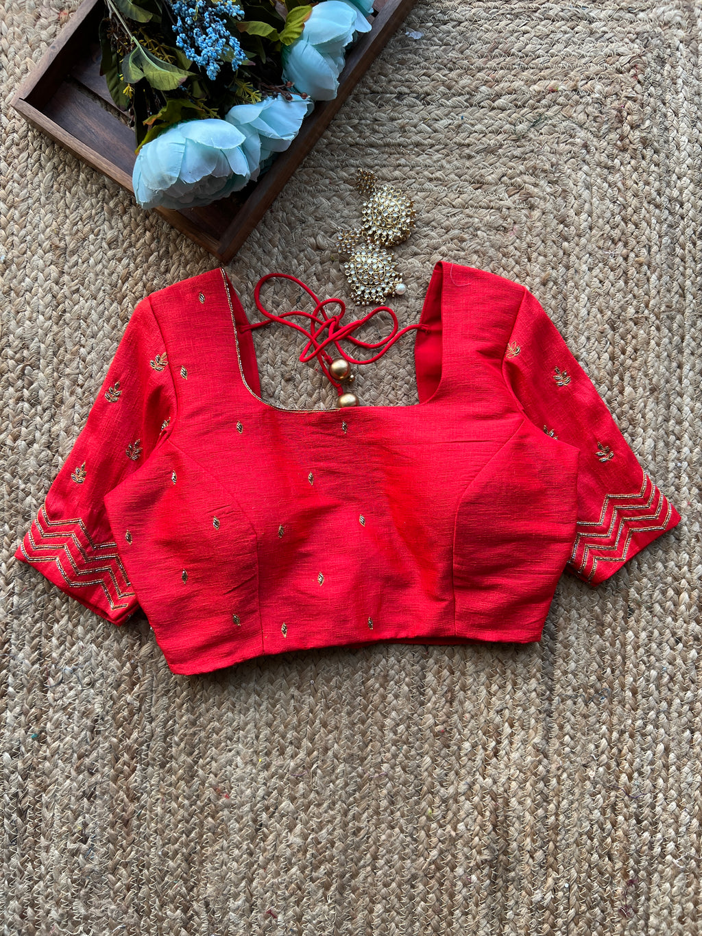 Red silk hand work embroidery blouse