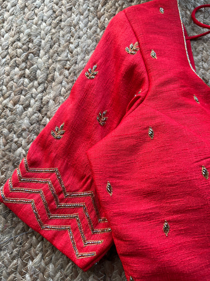 Red silk hand work embroidery blouse