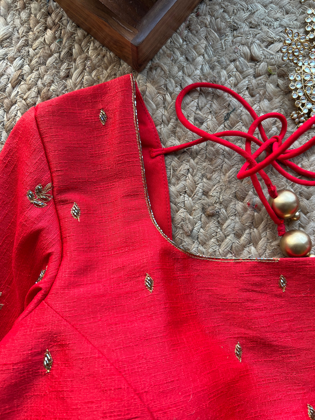 Red silk hand work embroidery blouse