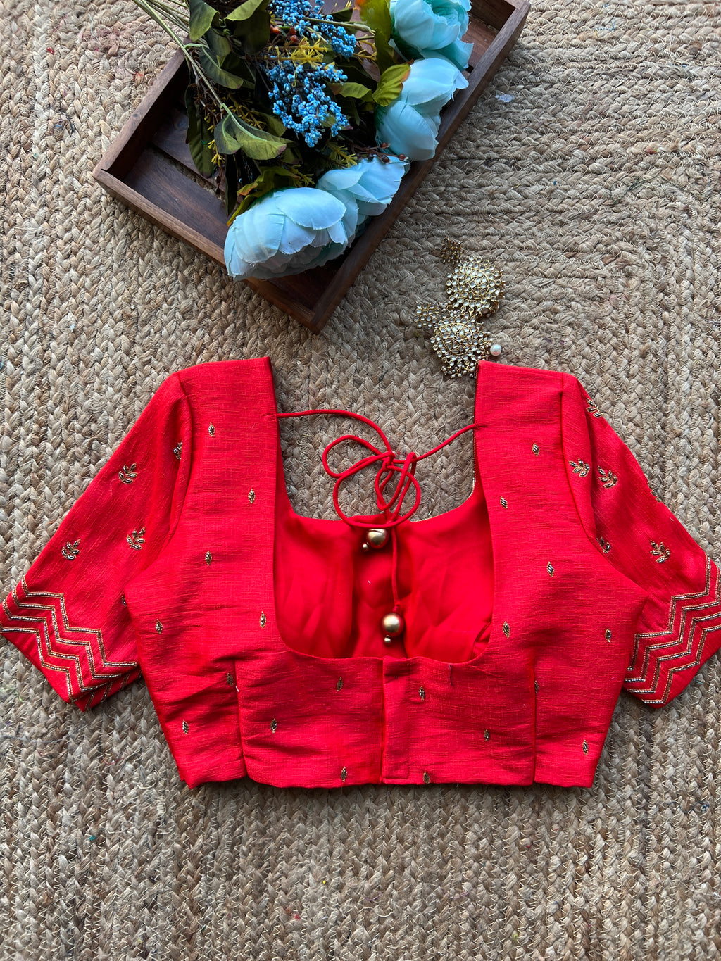 Red silk hand work embroidery blouse